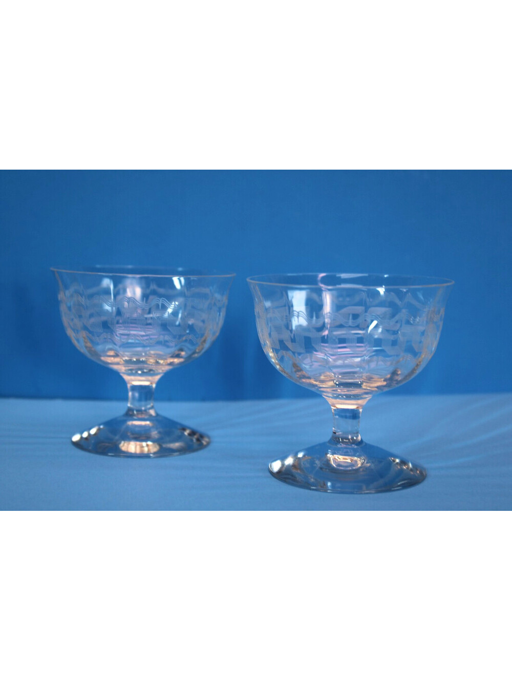 Vtg MC Greek Key Etched Low Sherbert Blown Glass Optic Stem 3.25" Elegant x2